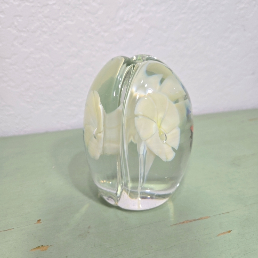 KB Glass Paperweight Yellow Cream Flower Made in Italy Vintage